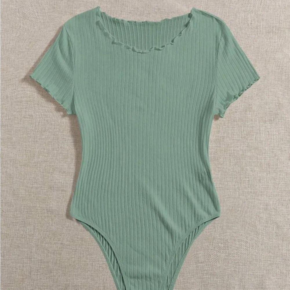 NWT SHEIN Lettuce Trim Rib-knit Solid Mint Green Bodysuit sz Medium